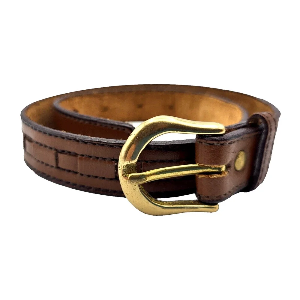 Vintage 90s Boys Brown Leather Weave Belt Brass Buckle 24